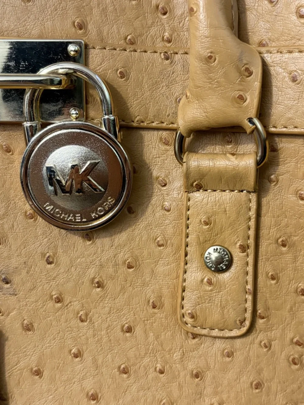 Michael Kors Hamilton Light Tan Ostrich Embossed Leather Tote Gold Hardware - Picture 6 of 15